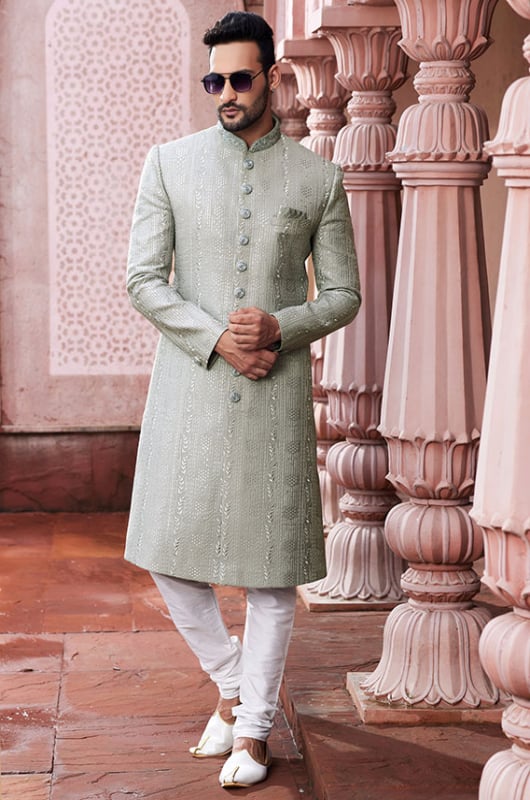 Grey Art Silk Designer Sherwani