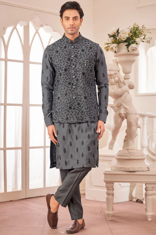 Grey Art Silk Kurta with Aligadhi Pant and Jacket