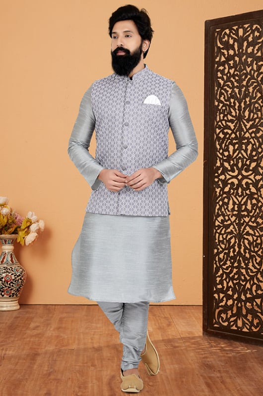Grey Banarasi Dupion Kurta Set with Jacket