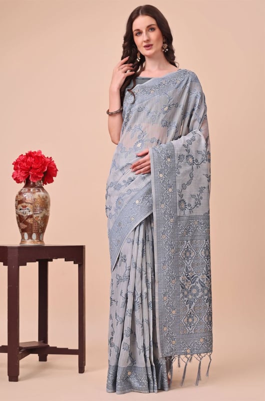 Grey Cotton Printed Saree