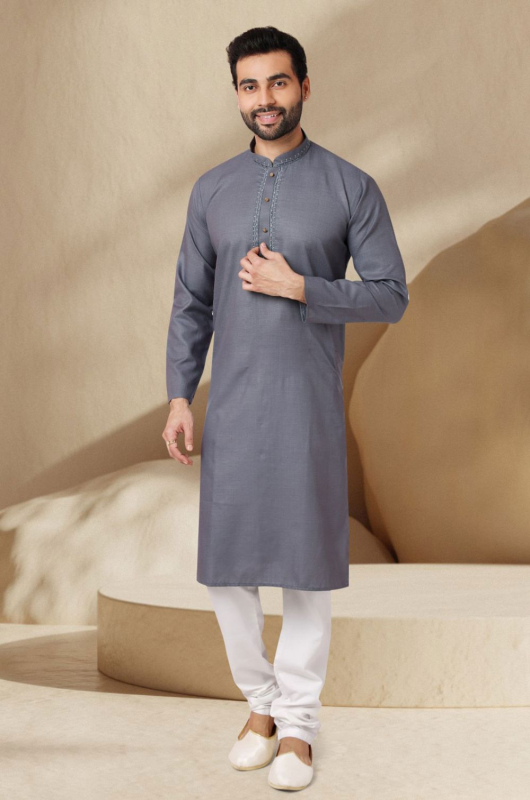 Grey Cotton Rayon Festival Wear Kurta Set