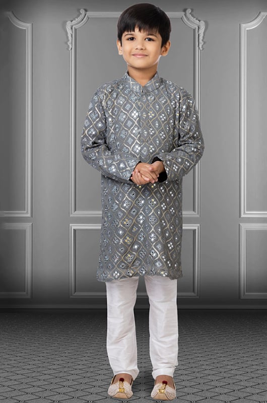 Grey Embroidered Georgette Kids Kurta Set