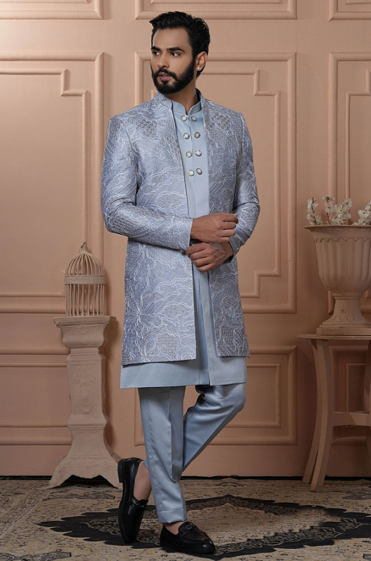 Grey Embroidered Indo Western Outfit for Wedding