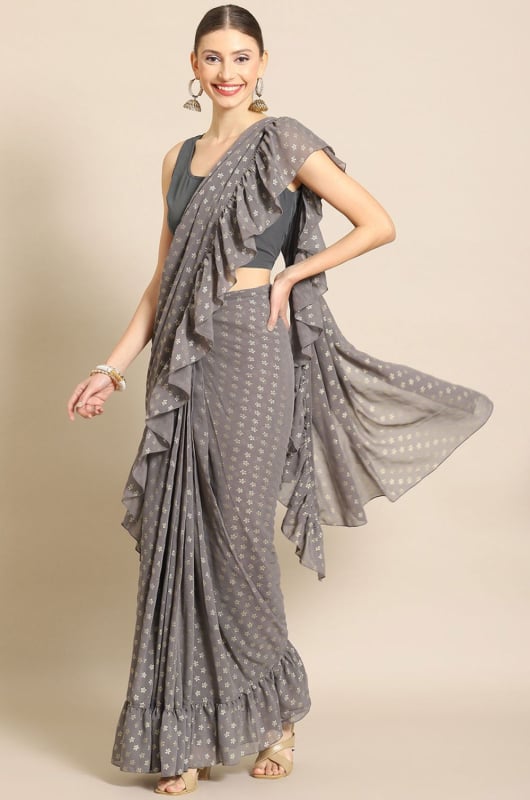 Grey Georgette Printed Saree
