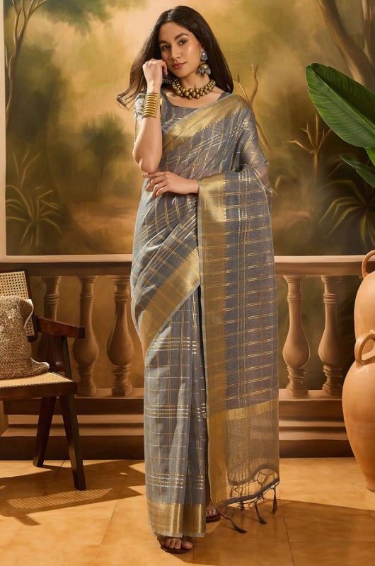Grey Khadi Organza Woven Jacquard Saree