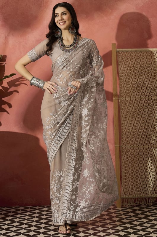Grey Net Embroidered Party Wear Saree