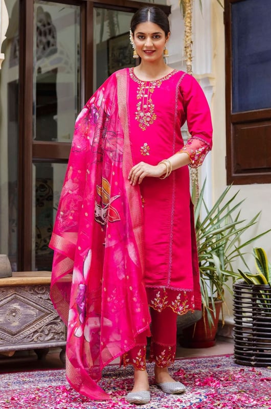 Hot Pink Embroidered Viscose Roman Silk Readymade Suit