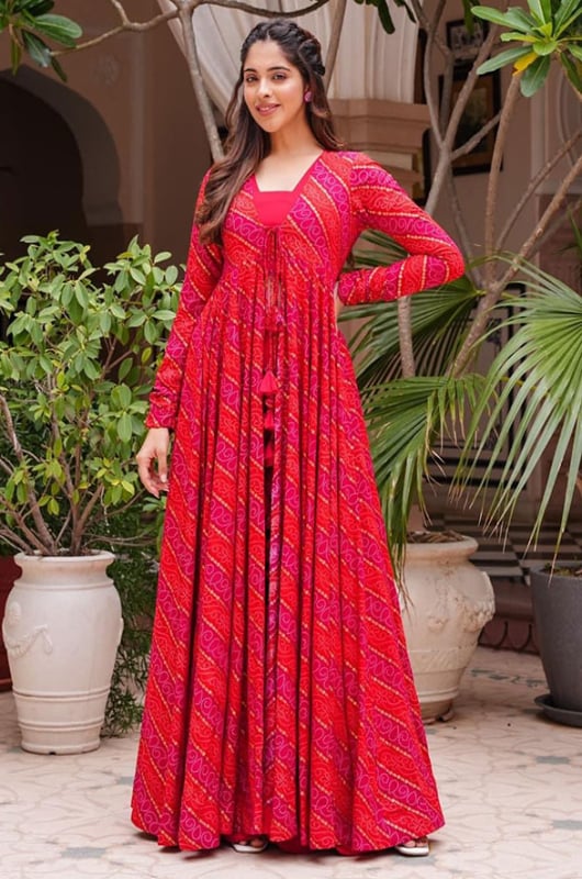 Hot Pink Faux Georgette Indowestern