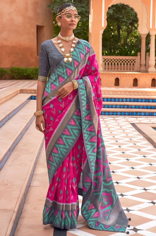Hot Pink Foil Print Smooth Silk Saree