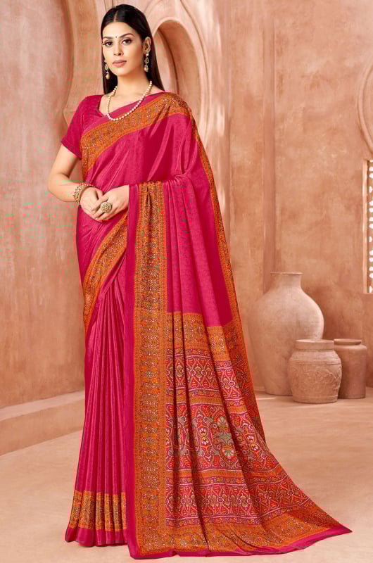 Hot Pink Printed Silk Crepe Saree