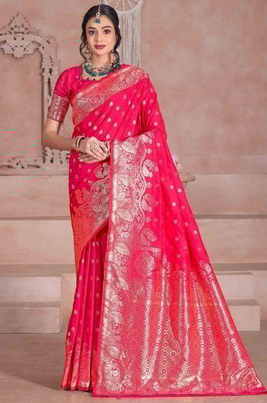 Hot Pink Zari Woven Soft Silk Saree