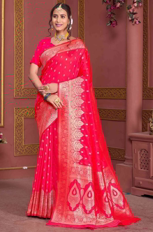 Hot Pink Zari Woven Soft Silk Saree
