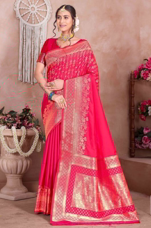 Hot Pink Zari Woven Soft Silk Saree
