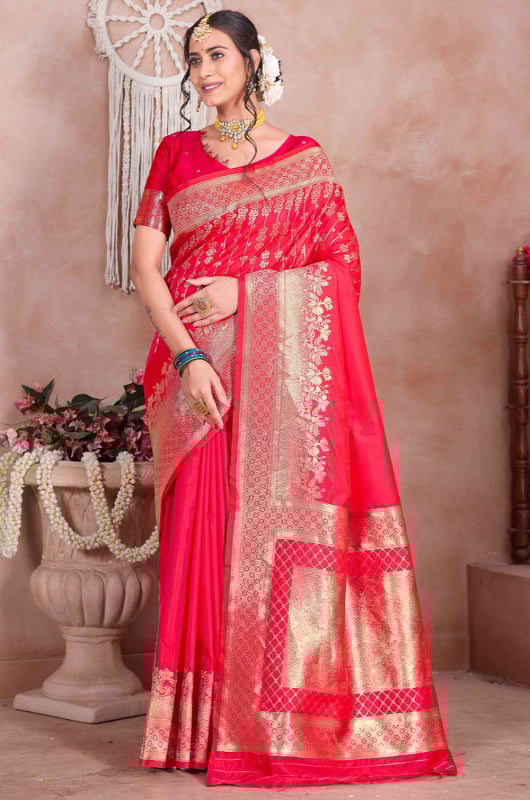 Hot Pink Zari Woven Soft Silk Saree