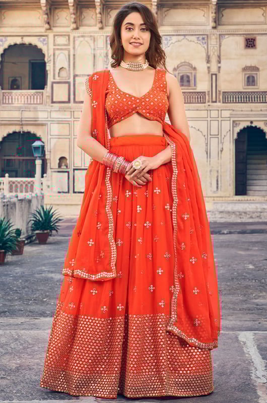 Hot Red Embroidered Georgette Lehenga Choli
