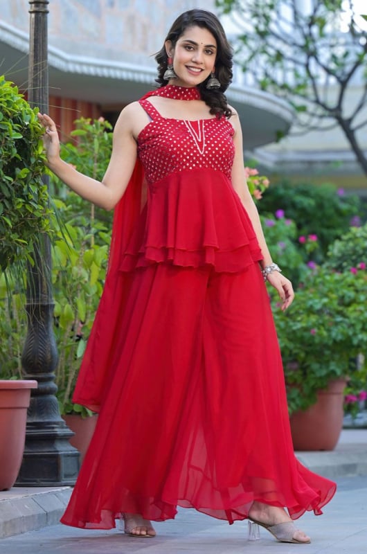 Hot Red Embroidered Georgette Readymade Palazzo Suit