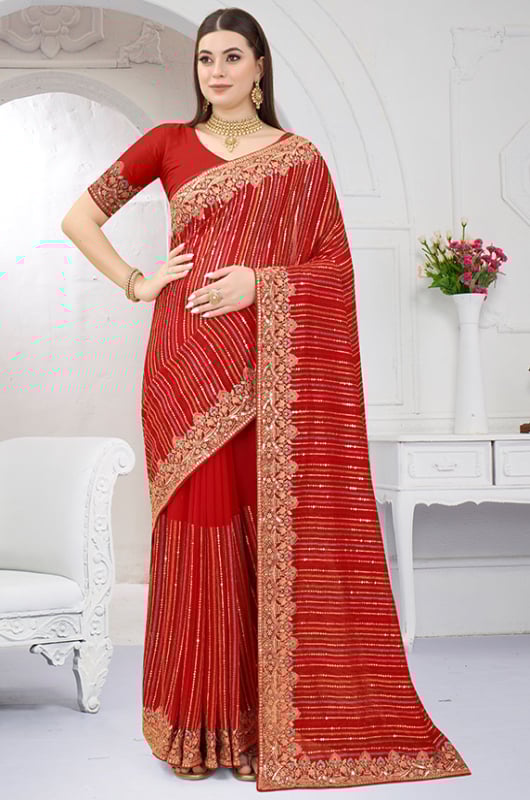 Hot Red Embroidered Georgette Saree