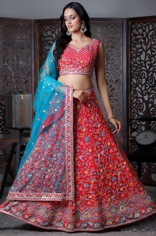 Hot Red Embroidered Net Designer Readymade Lehenga Choli