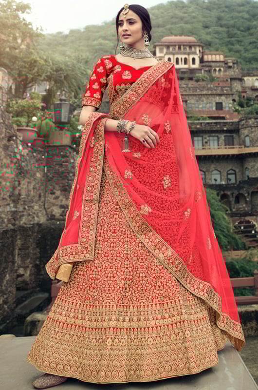 Hot Red Embroidered Satin Lehenga Choli for Wedding