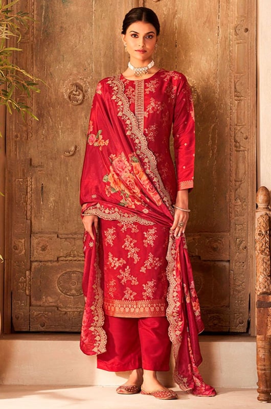 Hot Red Embroidered Viscose Dola Silk Trouser Kameez