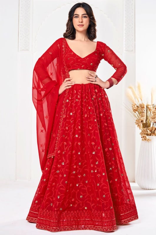 Hot Red Georgette Lehenga Choli for Ceremonial