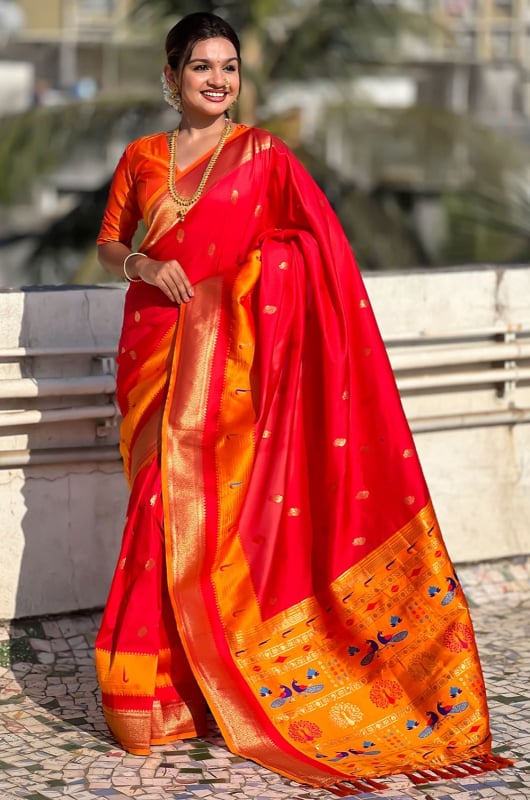 Hot Red Zari Woven Paithani Silk Saree