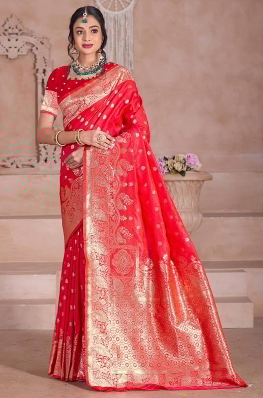 Hot Red Zari Woven Soft Silk Saree