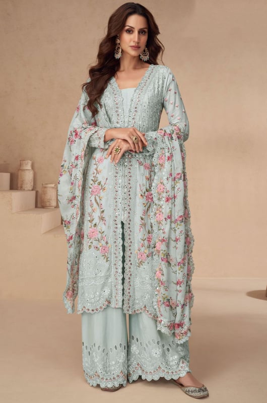 Ice Blue Embroidered Chinnon Readymade Palazzo Kameez