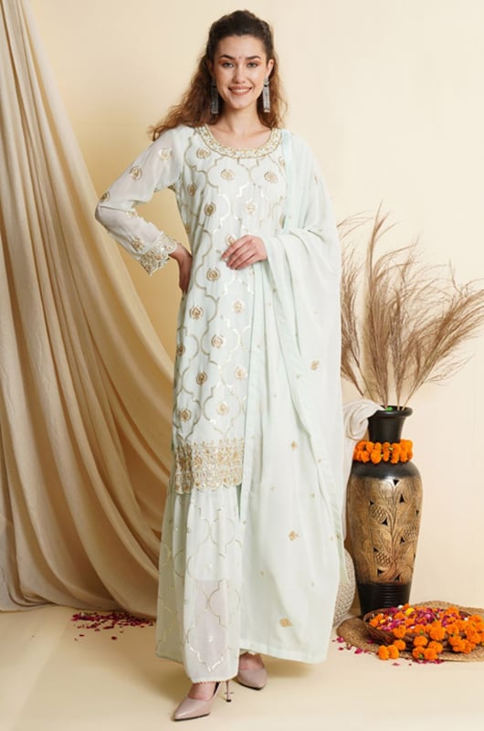 Ice Blue Embroidered Georgette Plus Size Suit for Party
