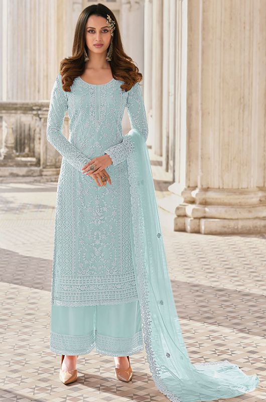 Ice Blue Embroidered Net Palazzo Kameez