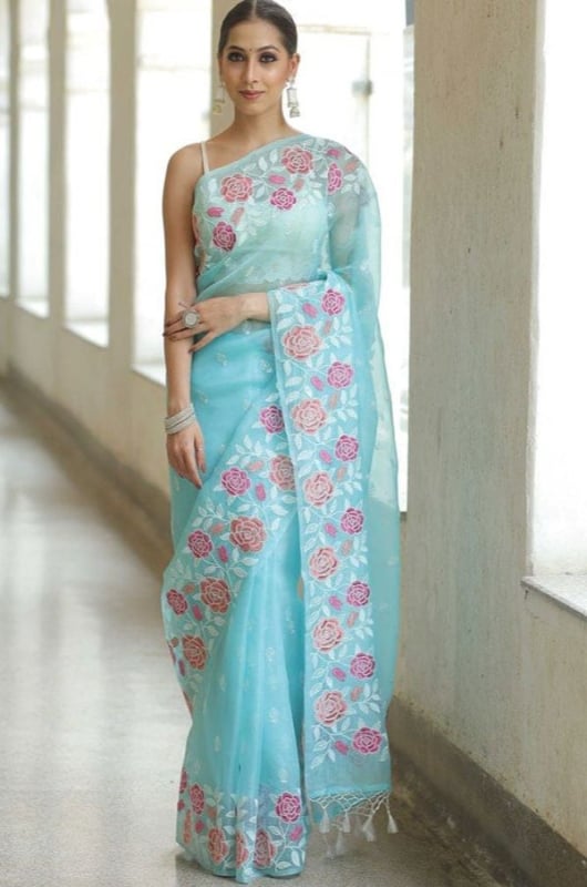 Ice Blue Embroidered Organza Saree