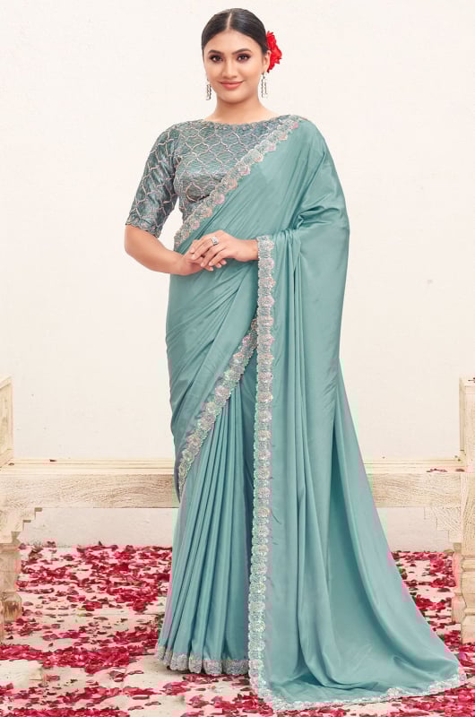 Ice Blue Embroidered Pure Crepe Silk Saree