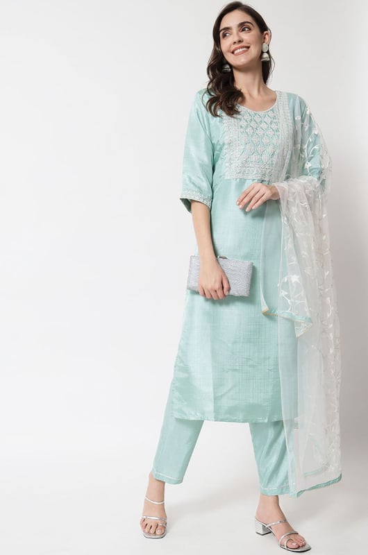 Ice Blue Embroidered Silk Blend Readymade Suit