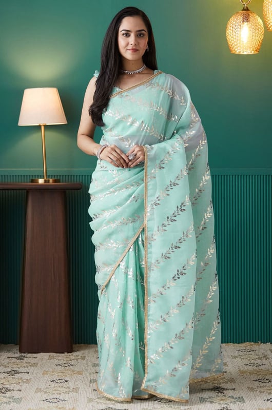 Ice Blue Foil Print Organza Ready to Wear Saree