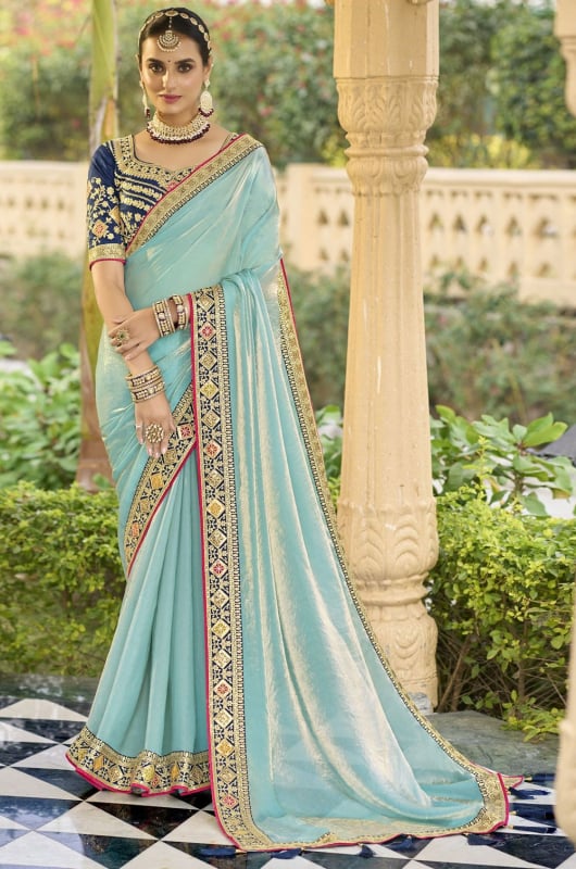 Ice Blue Georgette Saree with Embroidered Blouse