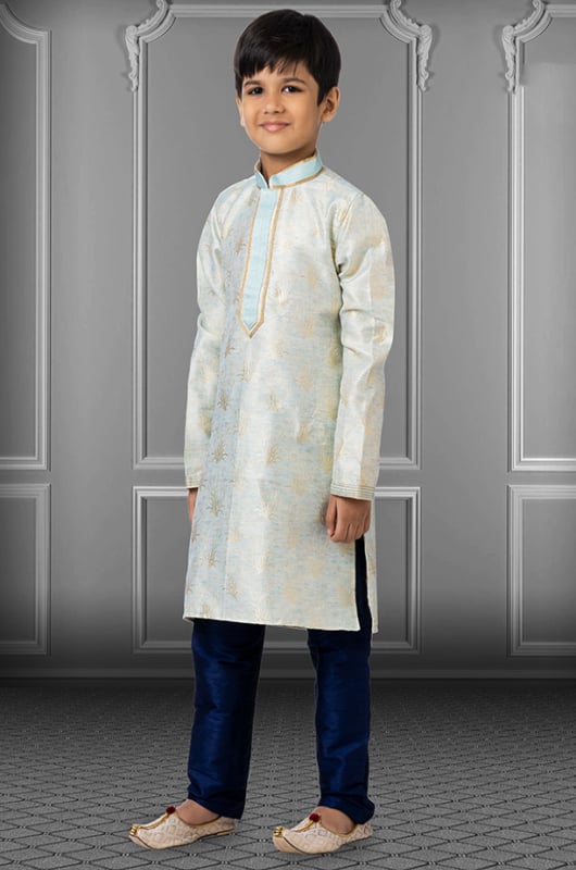 Ice Blue Linen Silk Kids Kurta Set