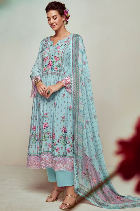 Ice Blue Pure Muslin Plus Size Pant Kameez
