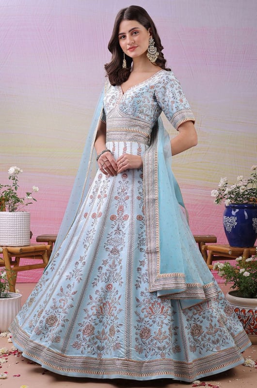 Ice Blue Satin Silk Flared Anarkali Gown with Dupatta