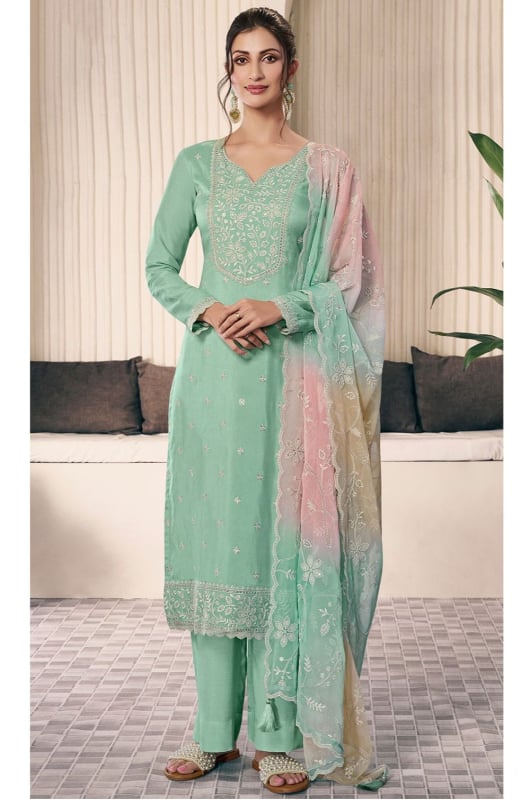 Ice Mint Embroidered Moonga Silk Pant Kameez