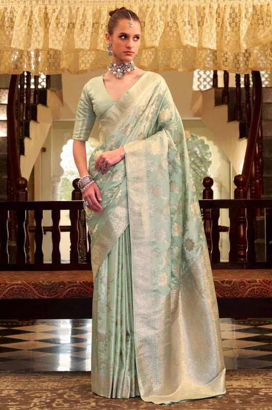Ice Mint Zari Woven Satin Silk Saree