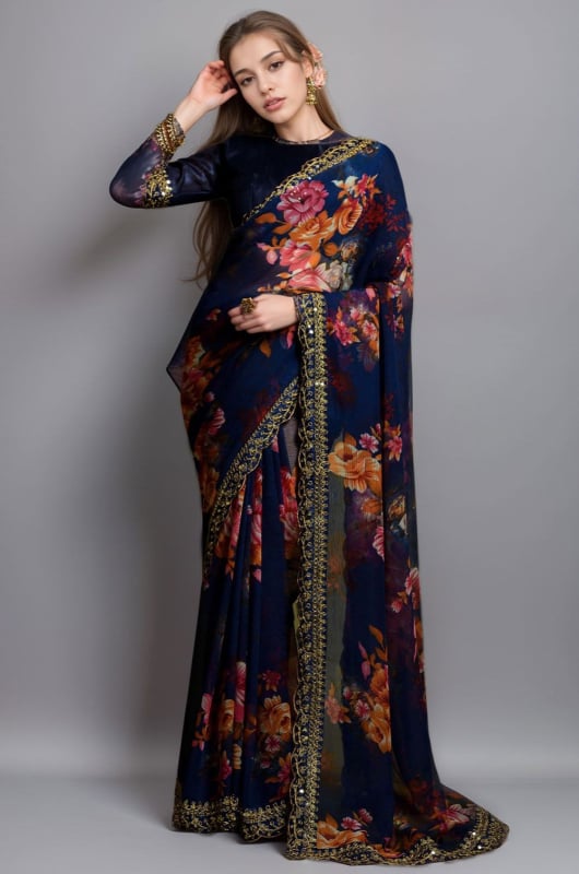 Indigo Blue Floral Print Georgette Saree