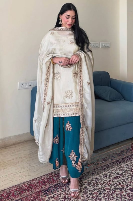 Ivory Embroidered Chinnon Silk Palazzo Kameez
