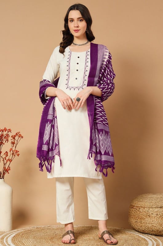 Ivory Embroidered Khadi Cotton Pant Kameez