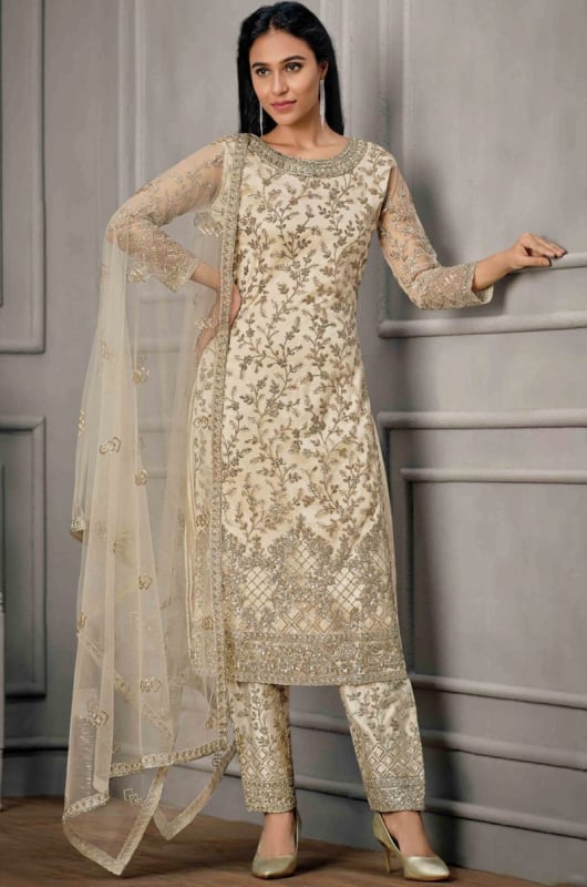 Ivory Embroidered Net Pant Kameez for Festival