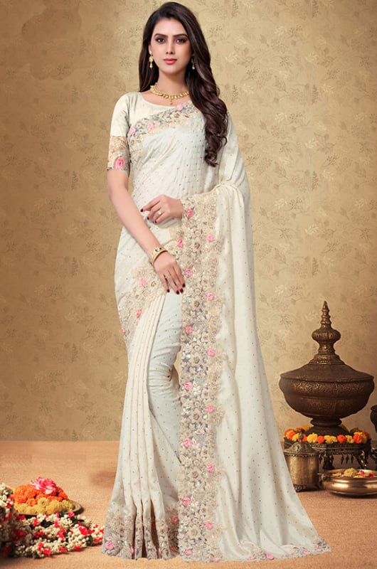 Ivory Embroidered Silk Designer Saree