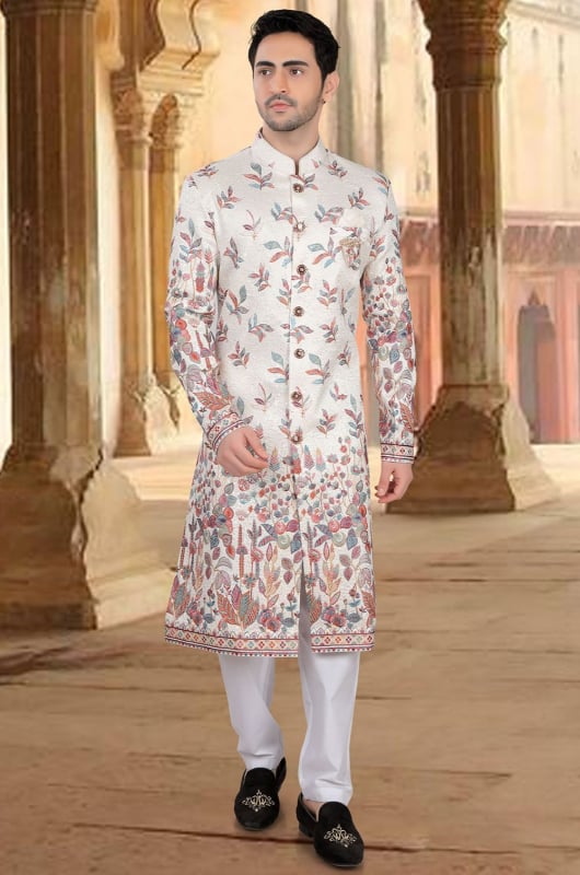 Ivory Embroidered Silk Designer Sherwani