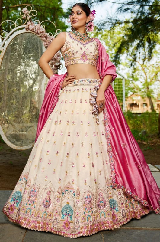 Ivory Embroidered Tissue Designer Lehenga Choli