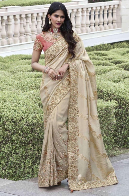 Ivory Embroidered Viscose Silk Designer Saree