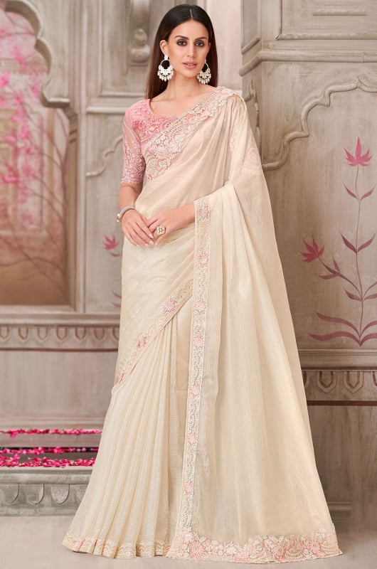 Ivory Satin Silk Saree with Embroidered Blouse