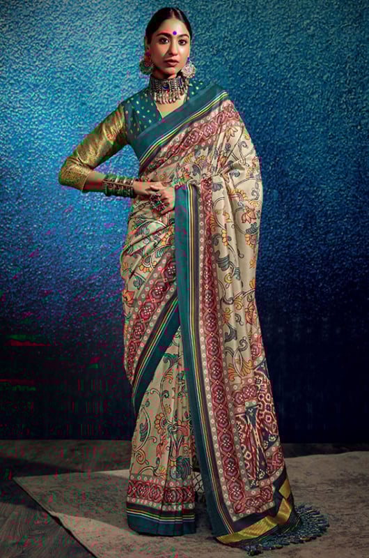 Dusty Cream Printed Dola Silk Saree
